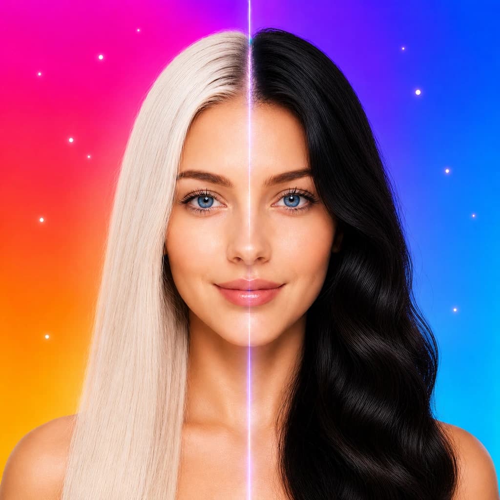 Hair Muse app artwork with a split blonde and dark hairstyle