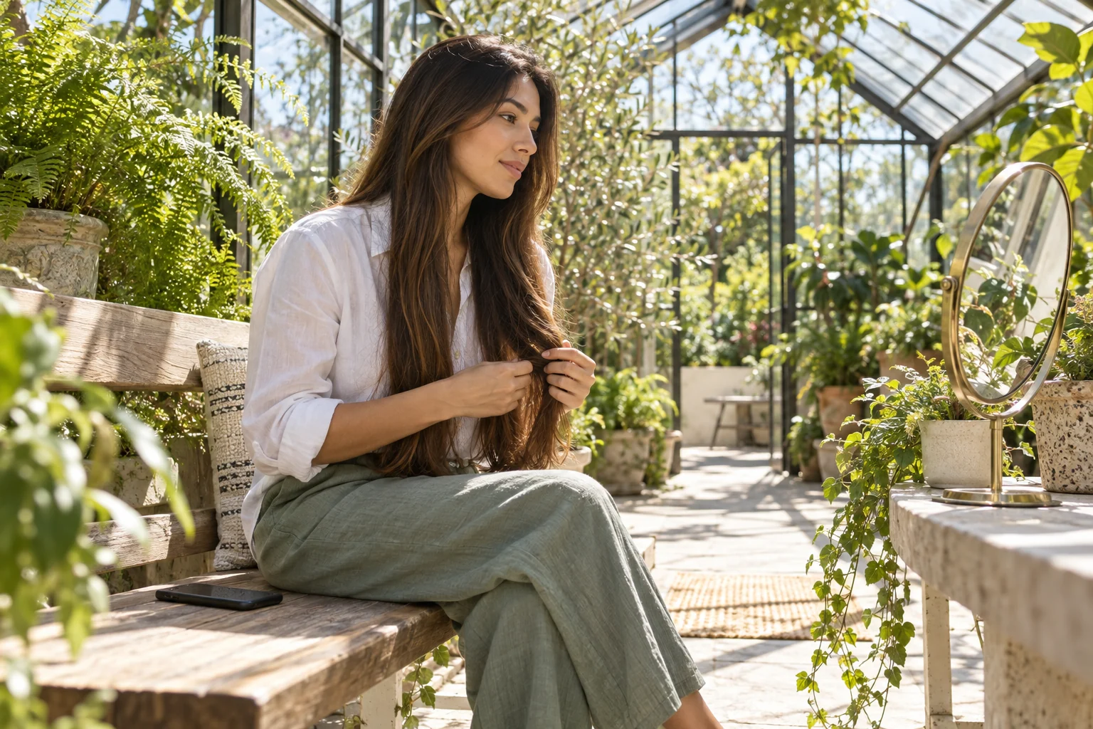 Adult woman with long chestnut hair holds her uncut ends while looking into a mirror in a sunlit greenhouse