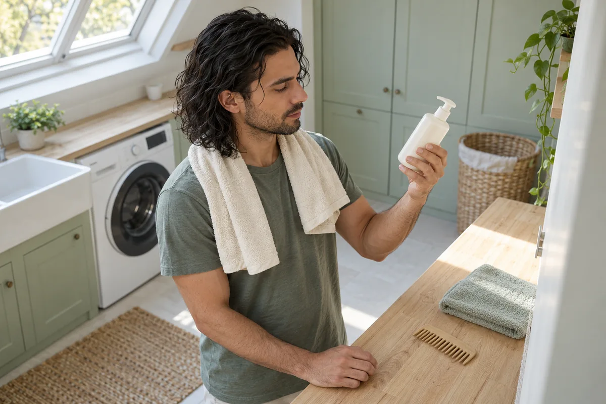 Adult man with damp shoulder-length waves checks a plain bottle at a mint-coloured utility-room counter.