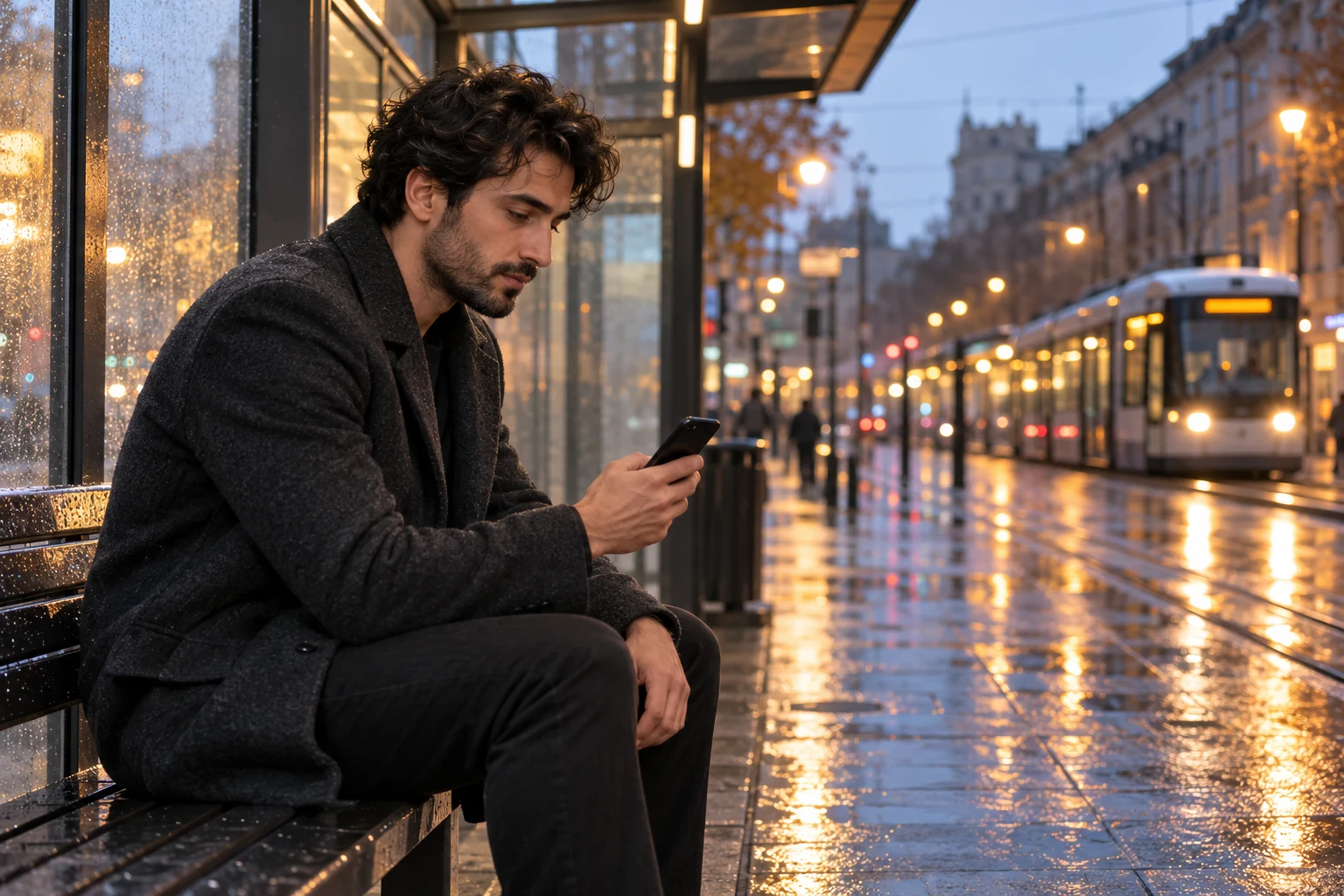Homme aux cheveux foncés ondulés et à la barbe courte regardant un téléphone sous un arrêt de tram par un soir pluvieux