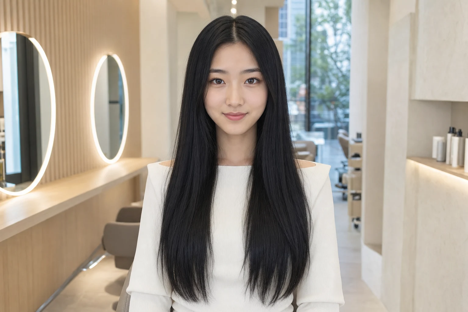 Young woman with very long jet-black hair before the haircut preview