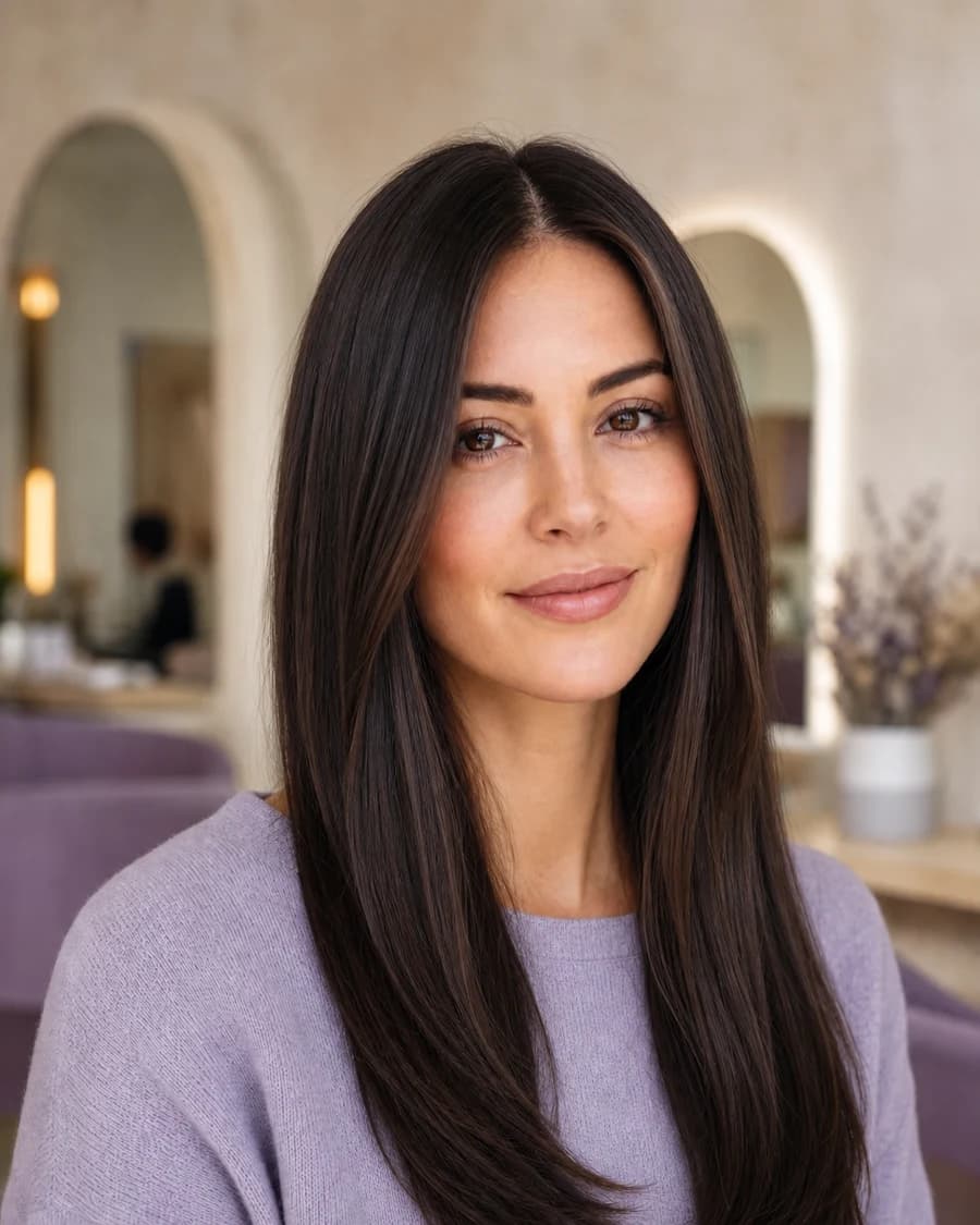Woman with very long sleek espresso hair and a center part in a bright salon