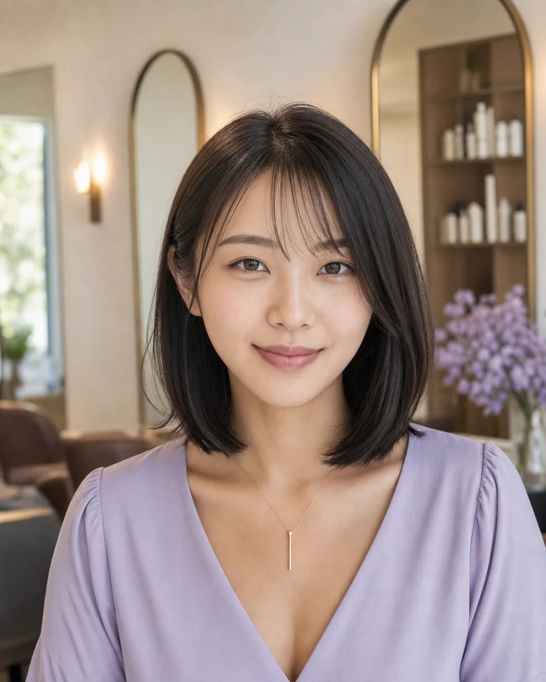 Japanese woman with a smooth shoulder-length soft bob in a bright salon