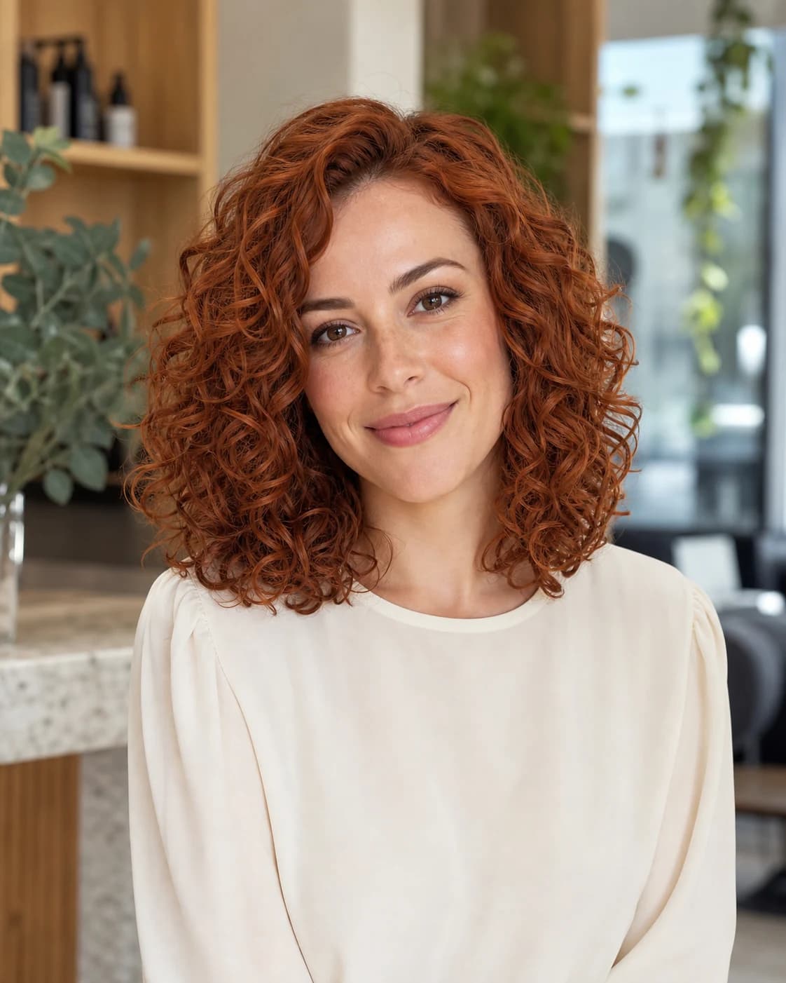 Woman with a layered natural-copper curly lob in a salon