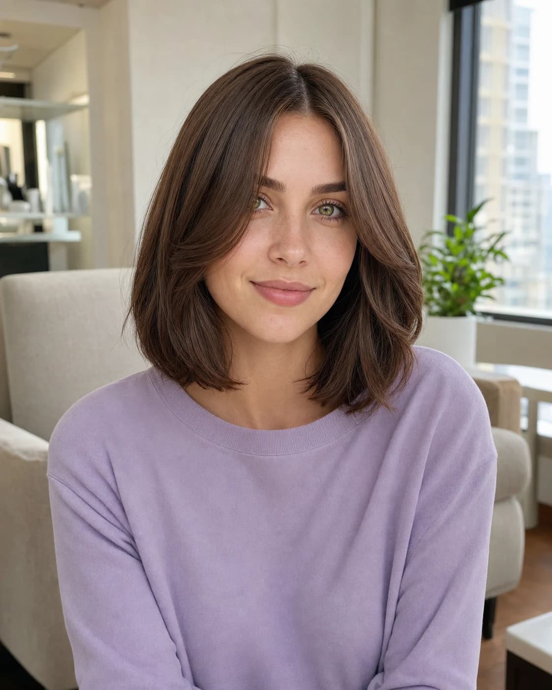 Woman with a chocolate-brown clavicut and soft curtain bangs