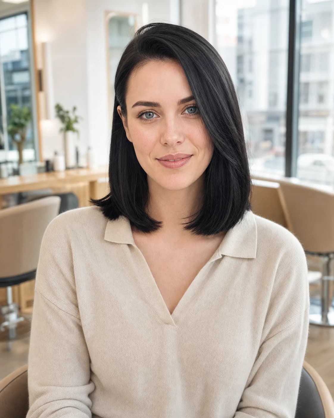 Woman with a sleek shoulder-grazing soft-black long bob