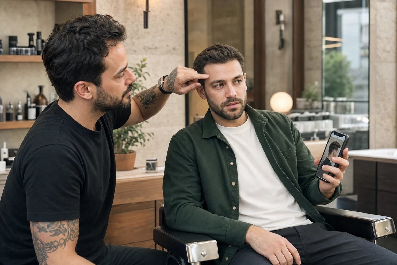 Barber discussing hairline and haircut details with a client holding a reference photo