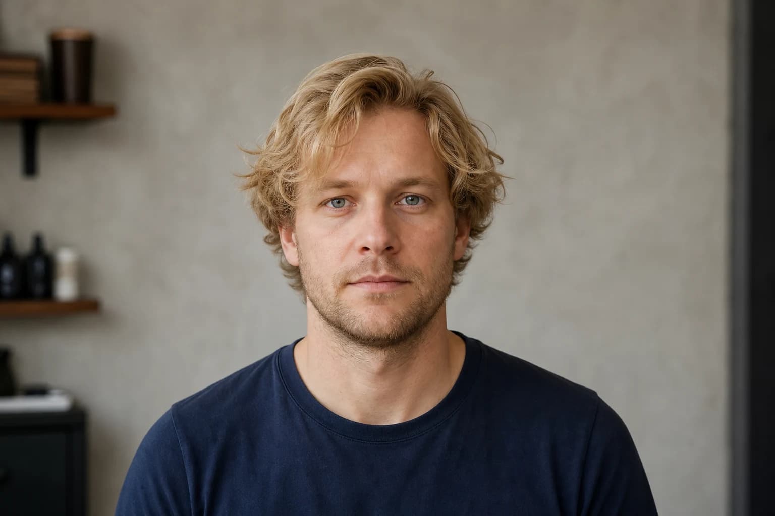 Homme blond aux cheveux mi-longs avant l’essai de coupe