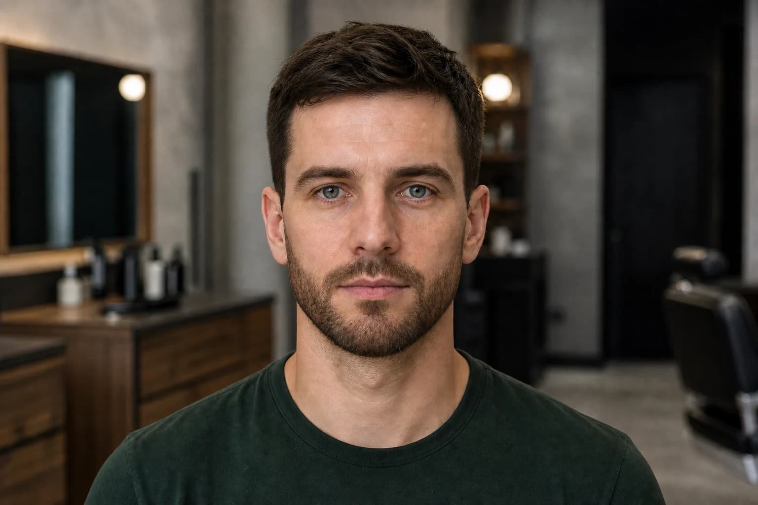 Le même homme avec barbe courte structurée et moustache reliée