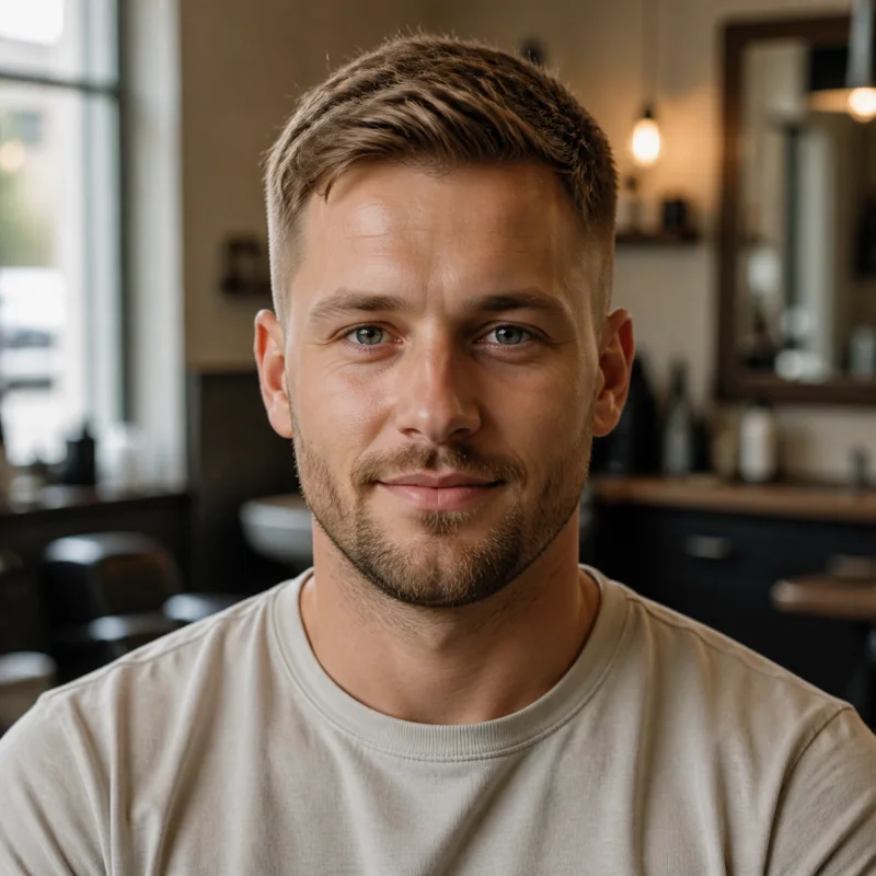 Portrait photoréaliste de démonstration généré par IA d’un homme européen avec une coupe blonde courte