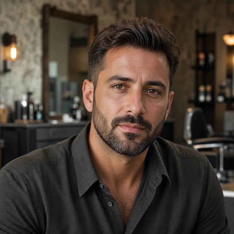 Portrait photoréaliste de démonstration généré par IA d’un homme méditerranéen avec une barbe courte et une coupe taper