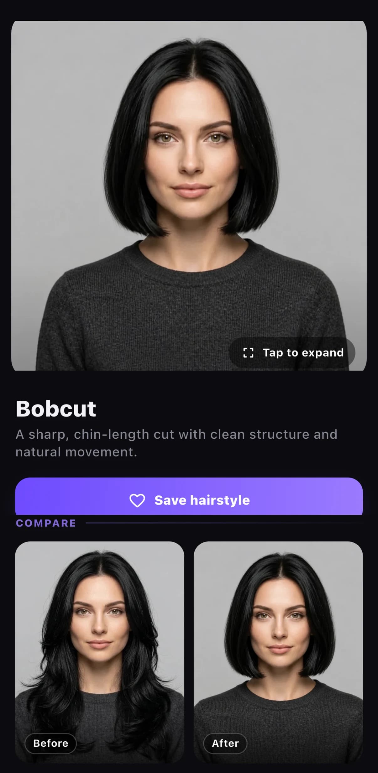 원본 사진과 저장한 헤어스타일을 비교하는 Hair Muse 화면