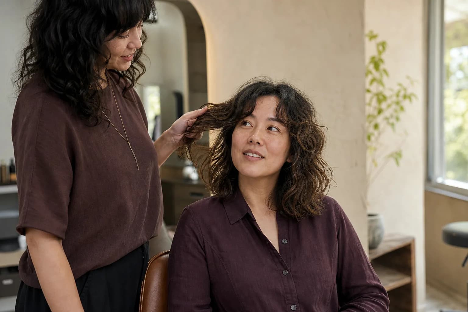 Stylist lifts a section of a client's naturally air-dried wavy hair during a haircut consultation