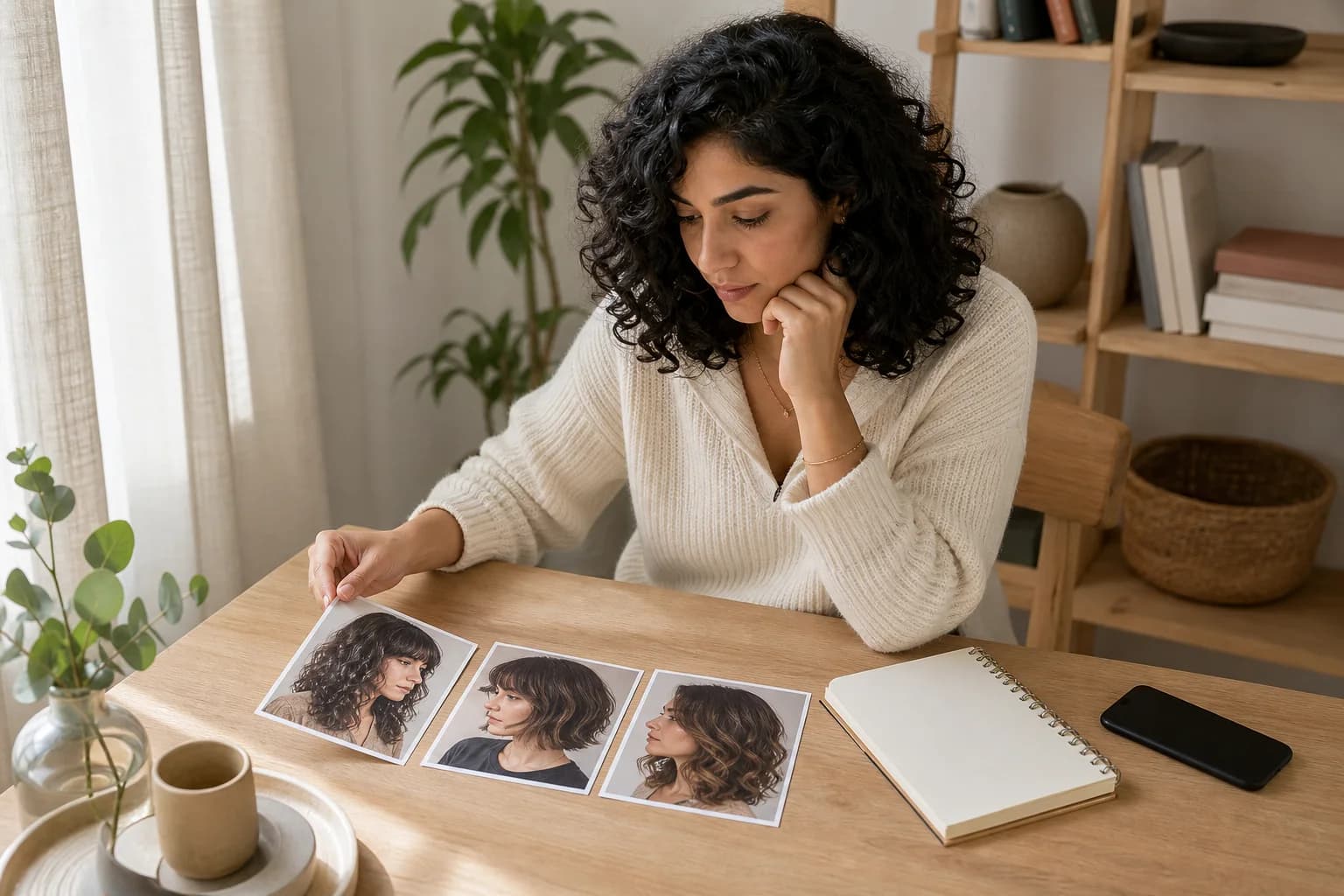 Young woman at a sunlit home table comparing three hairstyle references beside a notebook before a salon visit