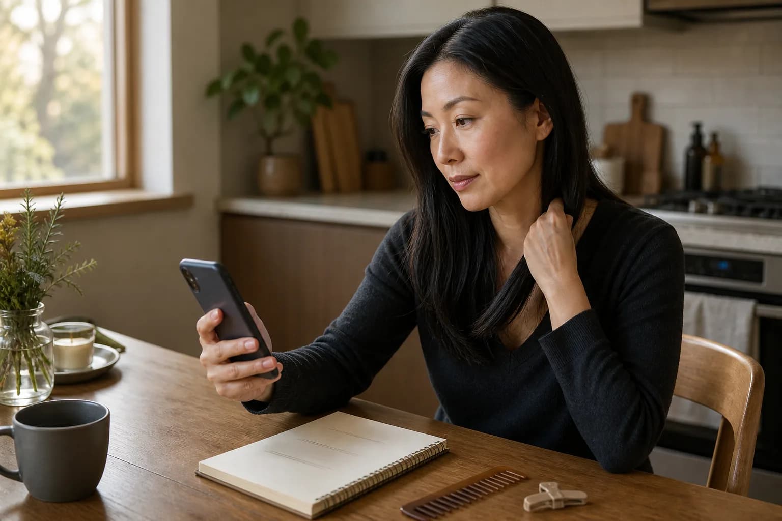 暖かなキッチンテーブルでスマートフォンを見ながらボブの長さを検討する、長い黒髪の女性