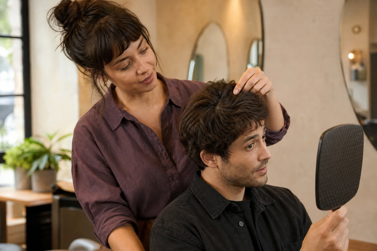 Stylistin prüft während einer Haarschnittberatung die natürliche Wuchsrichtung am Oberkopf