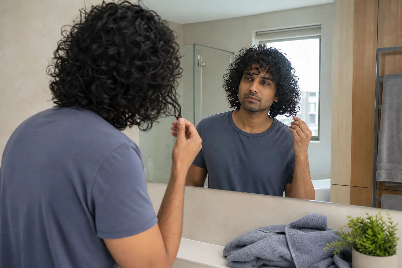 Man with natural curls checking a curl end in a bright bathroom mirror after washing his hair