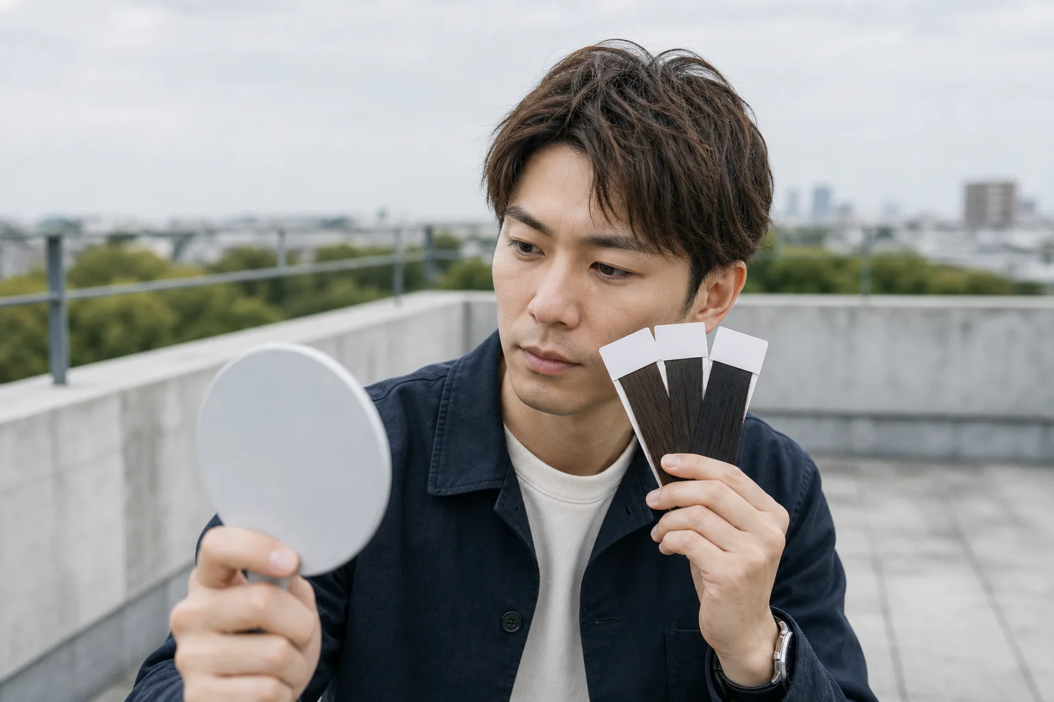Man on a rooftop in soft daylight comparing three dark brunette hair swatches beside his face in a hand mirror