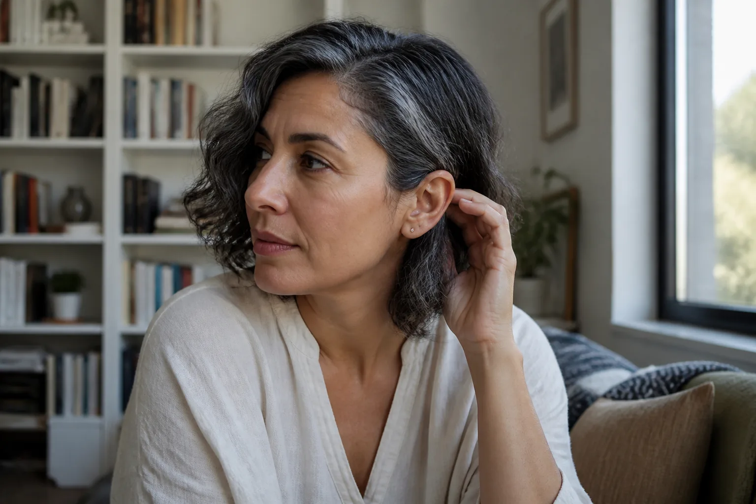 Woman with chin-length salt-and-pepper waves gently checking the side tucked behind her ear in a home study