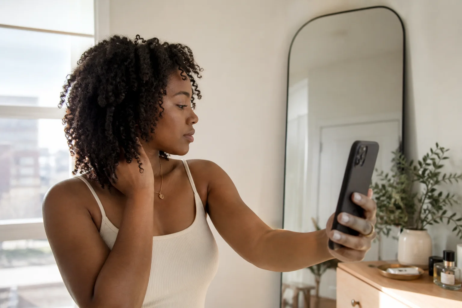 Young woman with natural curls checking her surroundings before taking a hairstyle selfie at home