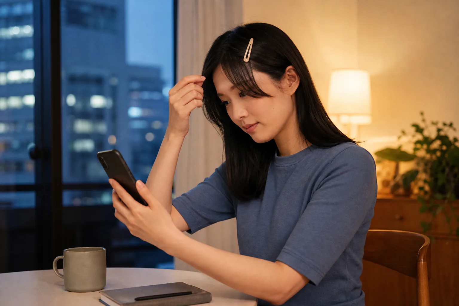 夜の室内で青い服の若い女性がスマートフォンを見ながら前髪の候補を比べている様子