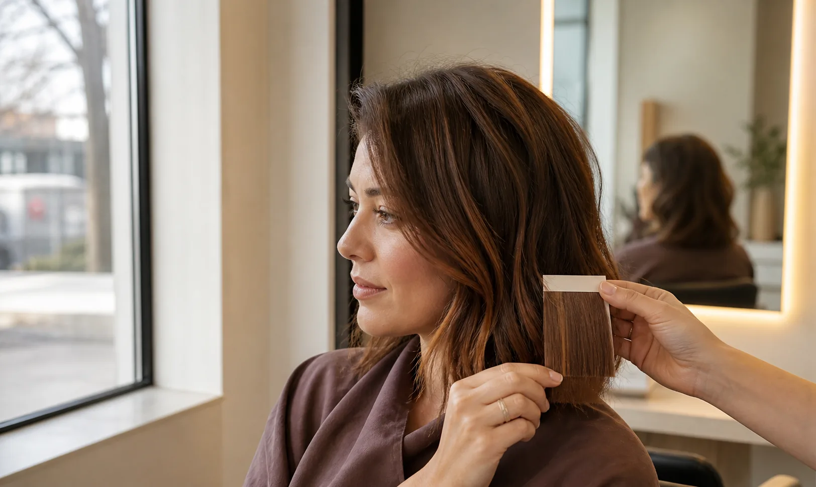 Client comparing a warm brunette hair swatch near a salon window and indoor mirror light