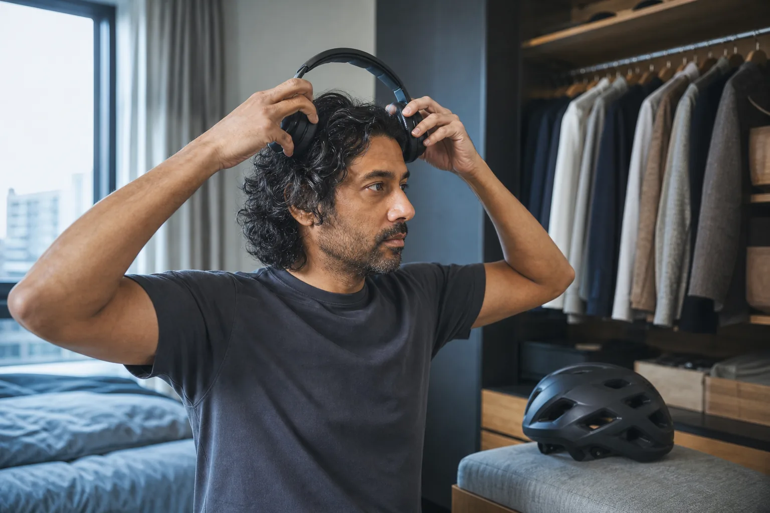 Man with curly dark hair checking how over-ear headphones sit beside a bicycle helmet in a bedroom dressing area