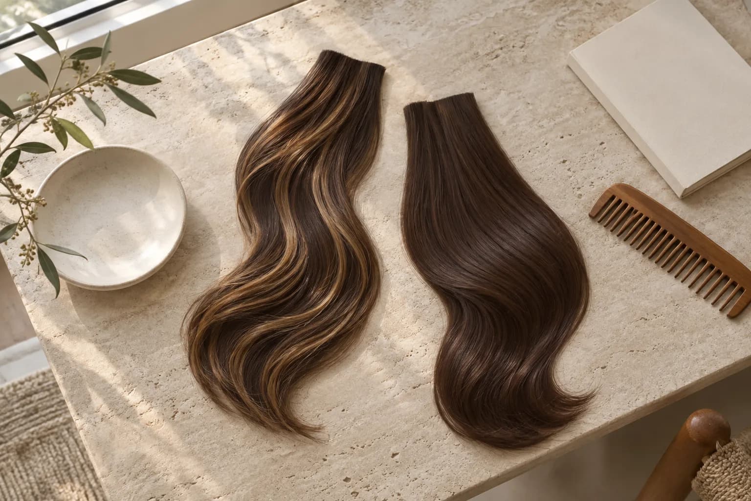 Overhead arrangement of highlighted and uniform brunette hair swatches on a sunlit stone table for comparing two color directions