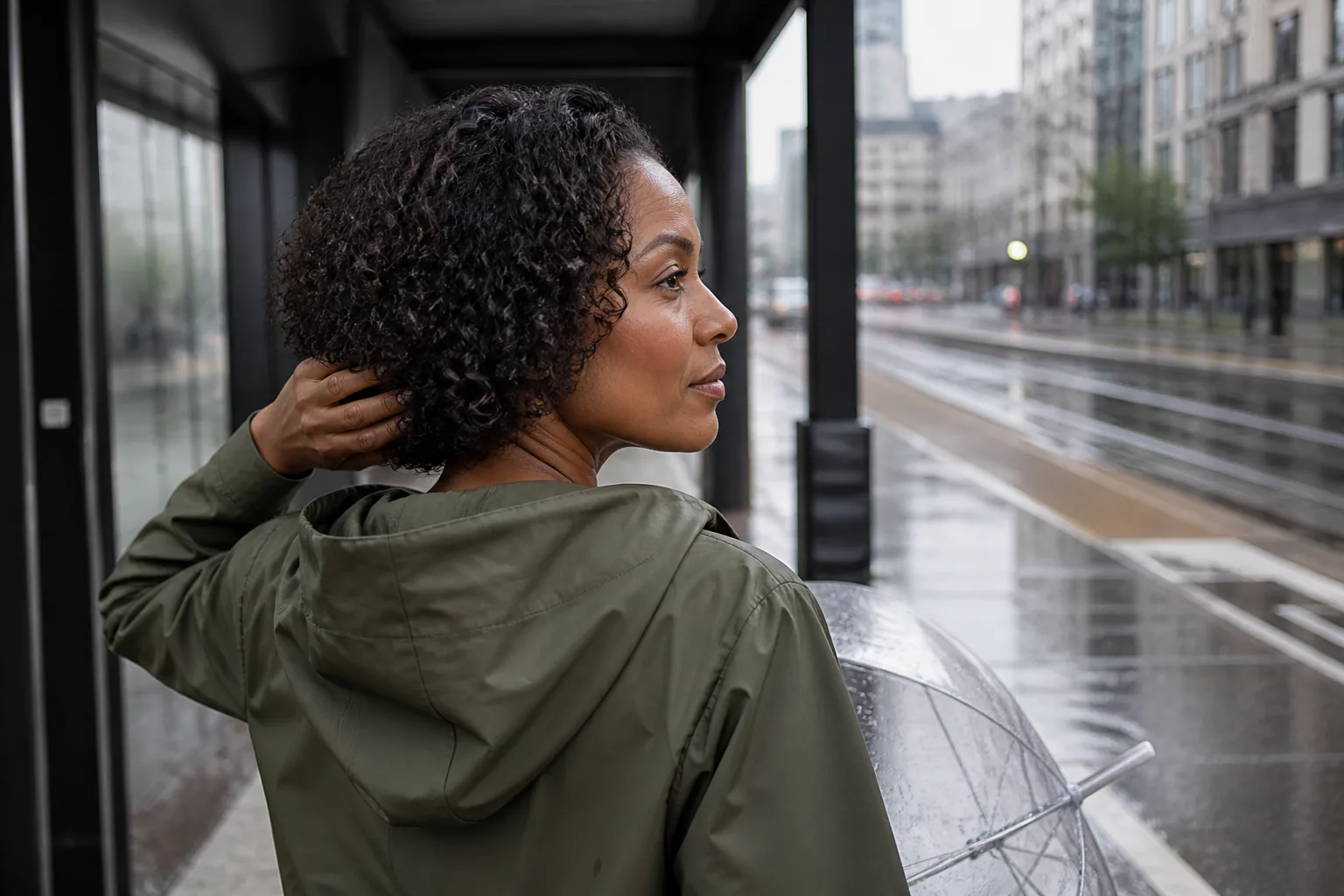 Woman with a natural curly bob checking its shape on a rainy tram platform