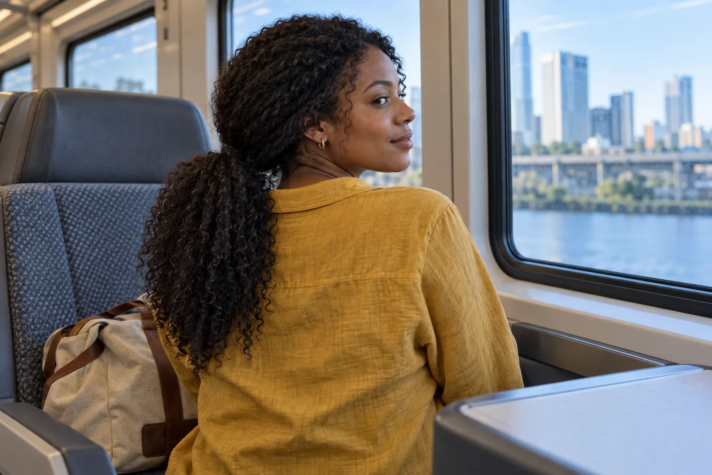 Young adult with natural coily hair in a loose low ponytail turning her head beside a train window
