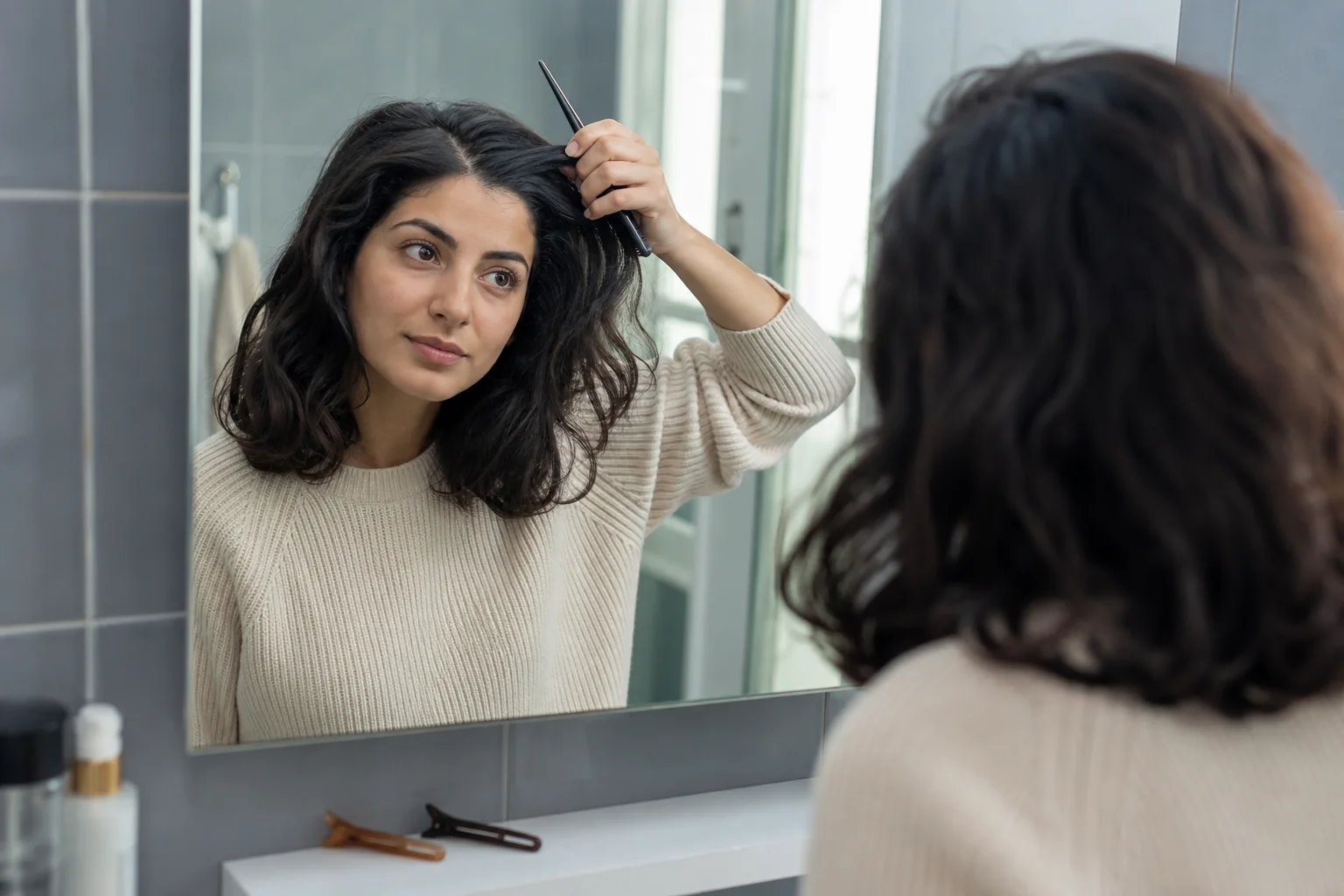 Woman with shoulder-length dark wavy hair adjusting her part with a tail comb in a bathroom mirror