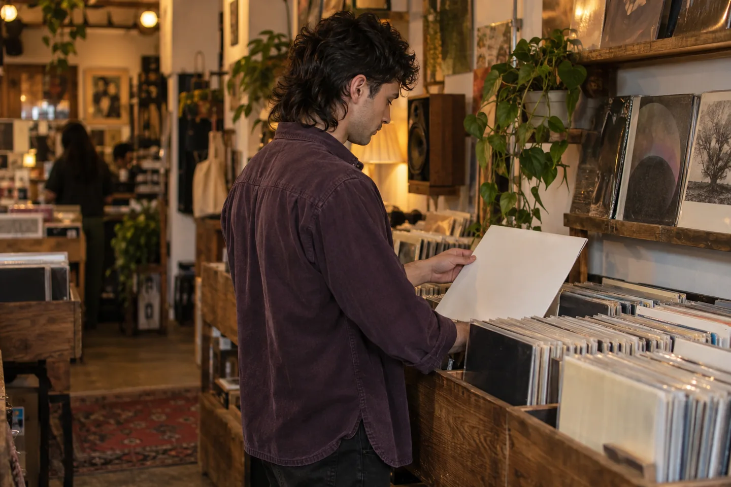 Young man with a dark wavy mullet choosing a plain record sleeve in a warmly lit record shop