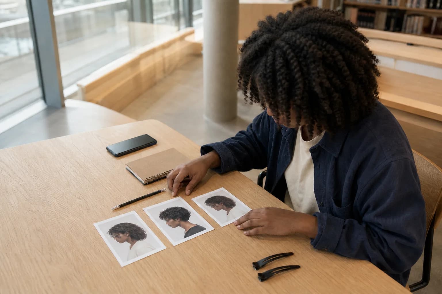 Person with natural coils arranging three related hairstyle references at a bright public library table
