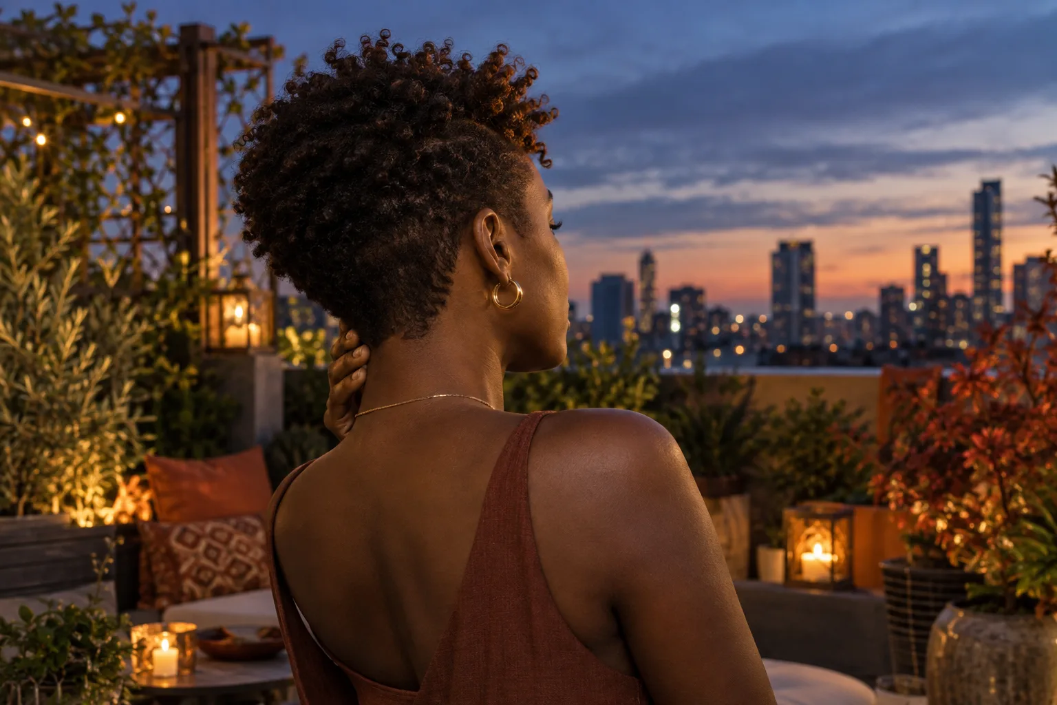 Young adult with natural coils checks the nape of a growing pixie on a rooftop at dusk, with a longer crown visible above shorter sides