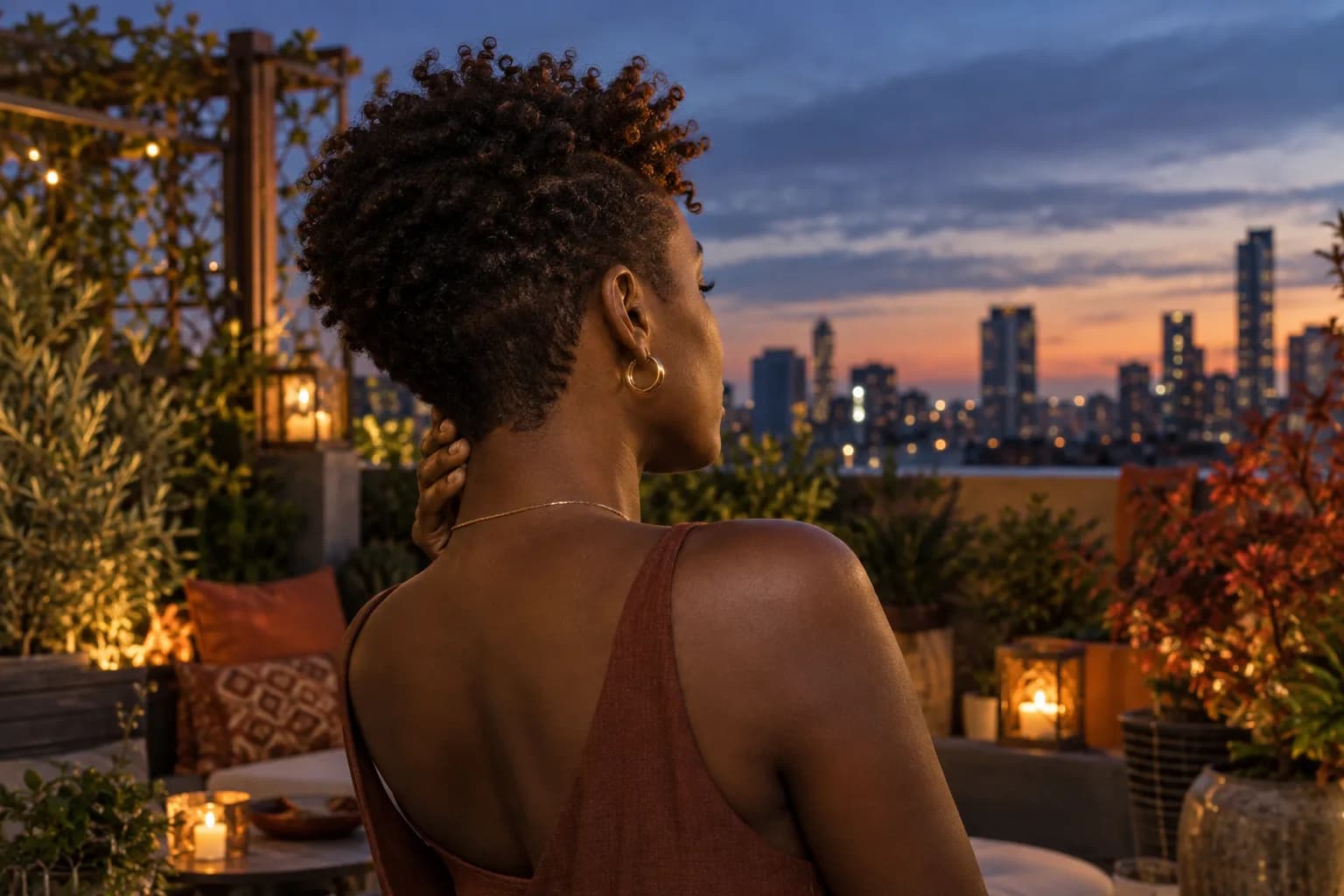 Junge Erwachsene mit natürlichen Locken prüft bei Abendlicht auf einer Dachterrasse den Nacken ihres herauswachsenden Pixie Cuts