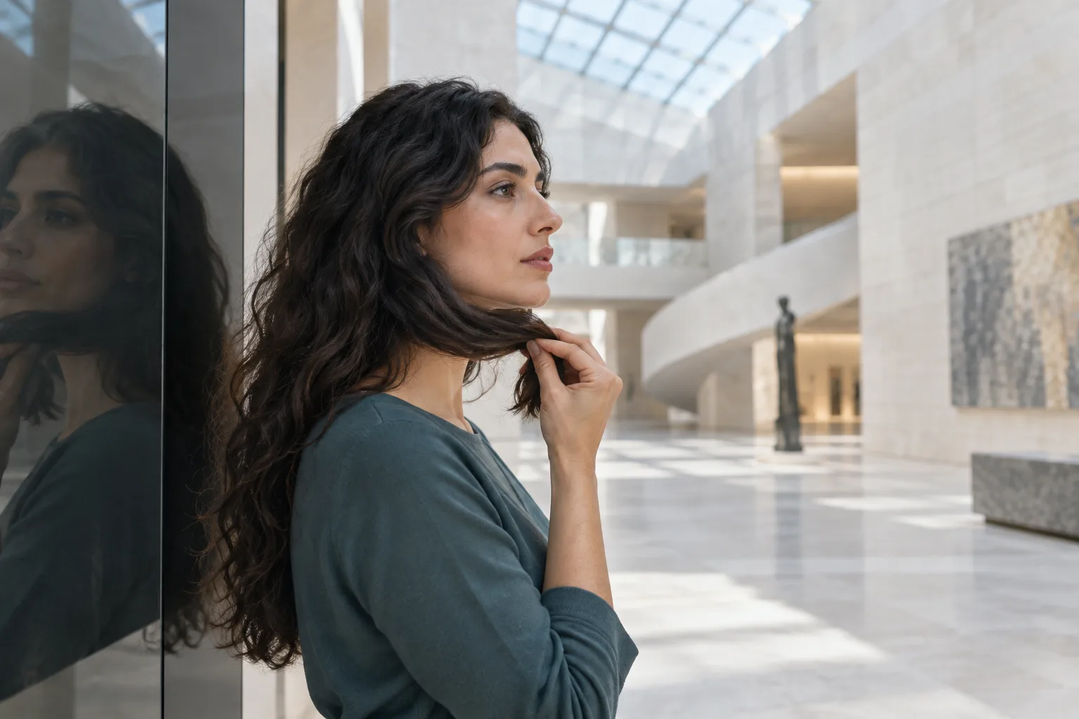 Young woman with long dark waves holding the ends near her jaw while considering a short haircut in a bright museum lobby