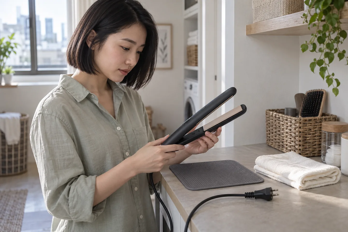 Young woman with a dark bob examines a disconnected hair straightener beside a dry cloth and heat-resistant mat in a bright utility alcove