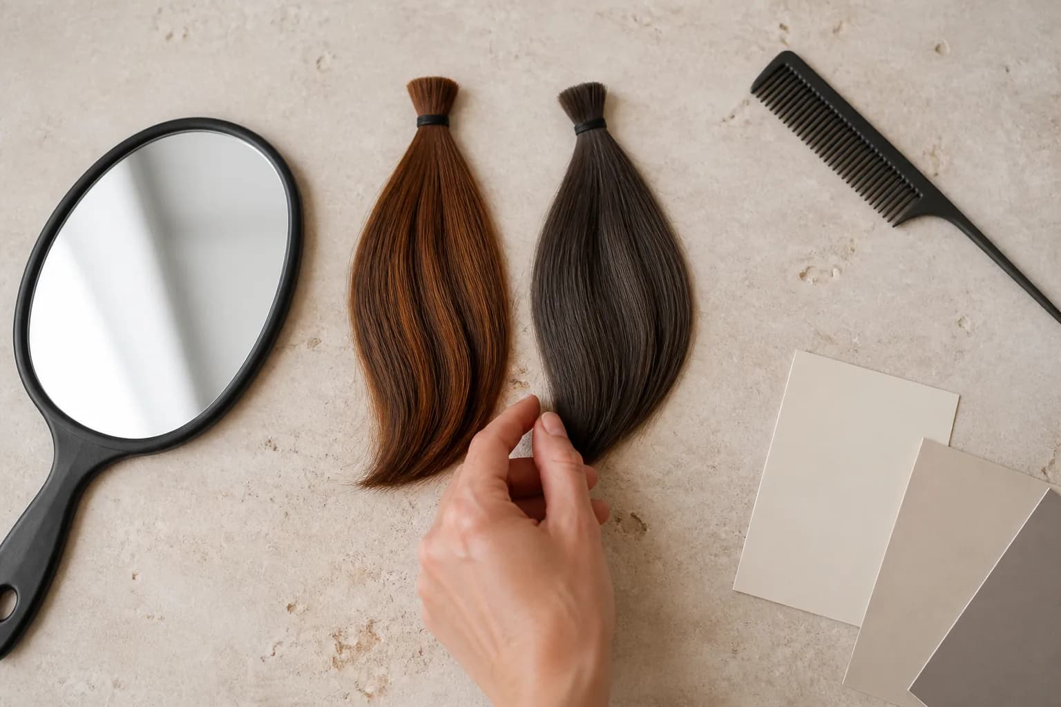 Top-down comparison of warm chestnut and cool ash-brown hair swatches beside a mirror and comb