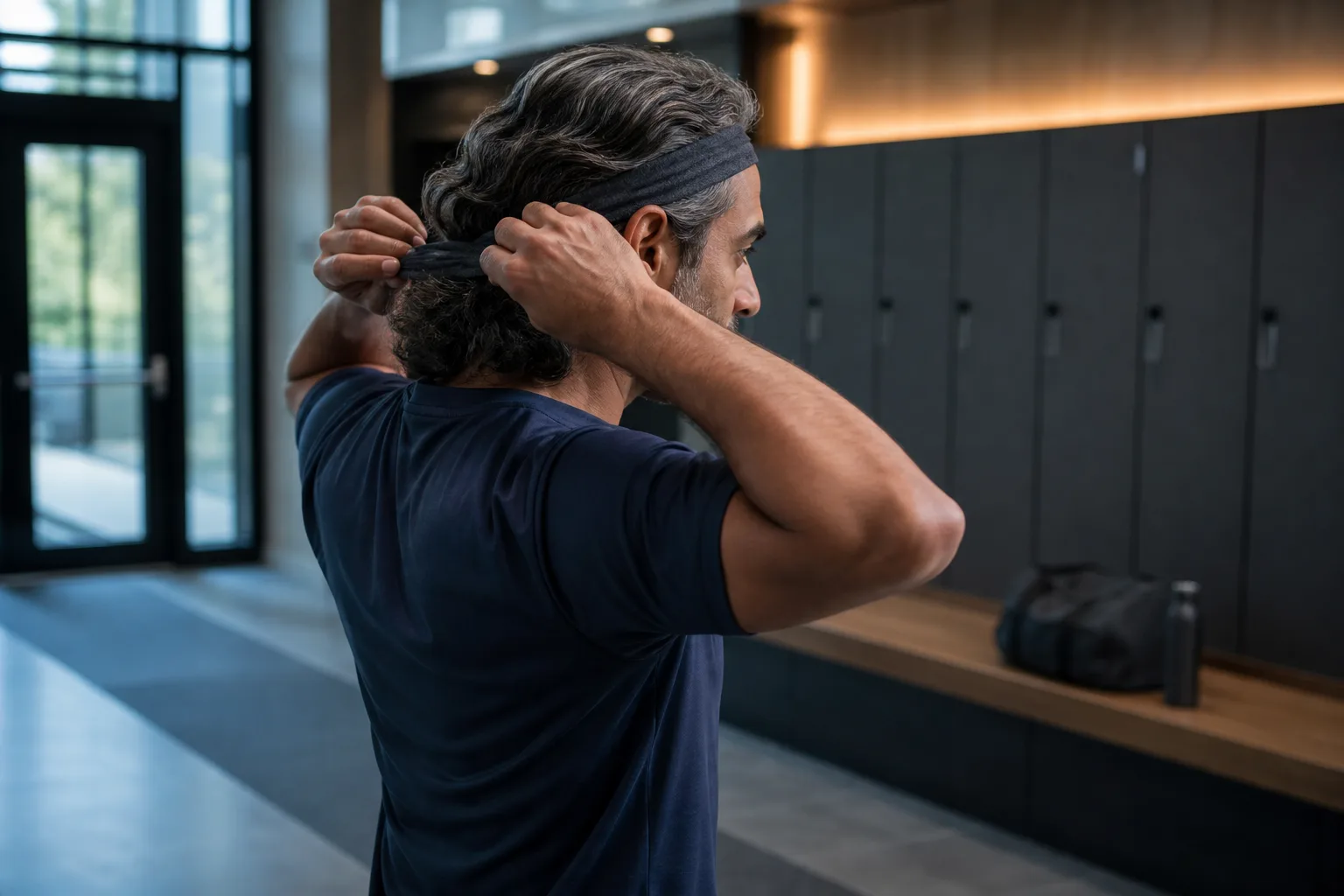 Mann mit schulterlangem welligem Haar bindet in einem ruhigen Fitnessstudio ein Stoffhaarband