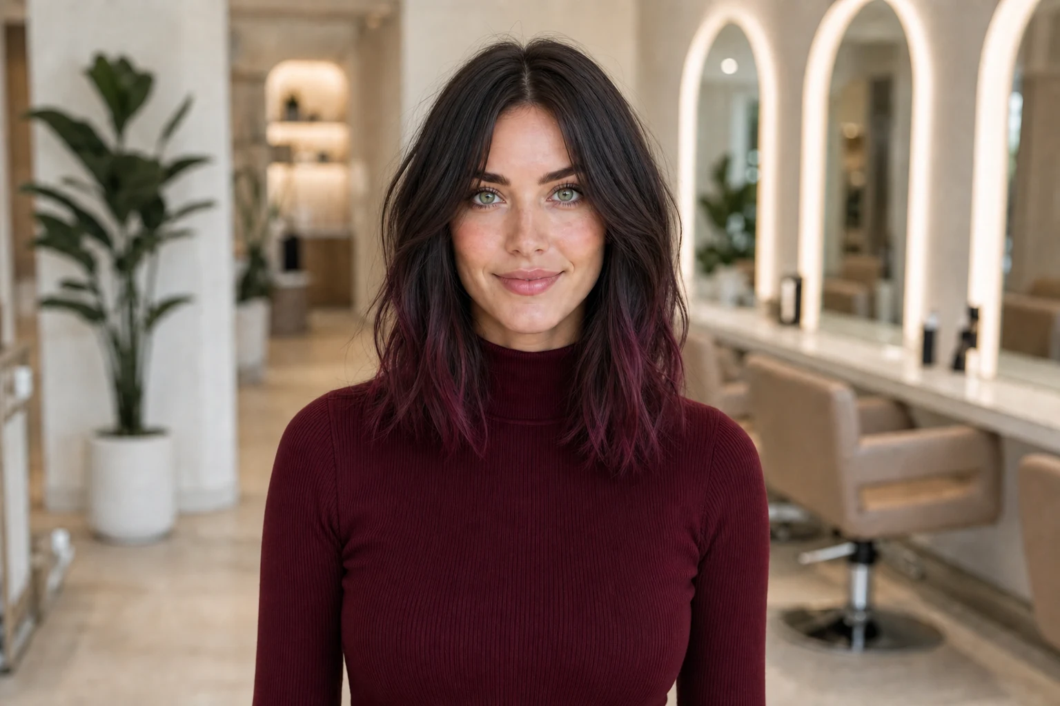 The same woman with a shorter shag and berry-colored tips after the preview