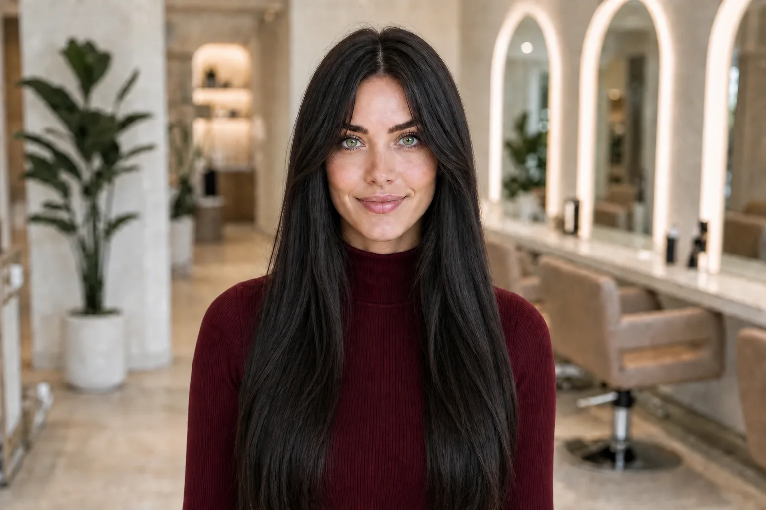 Woman with very long dark hair before the haircut and color preview