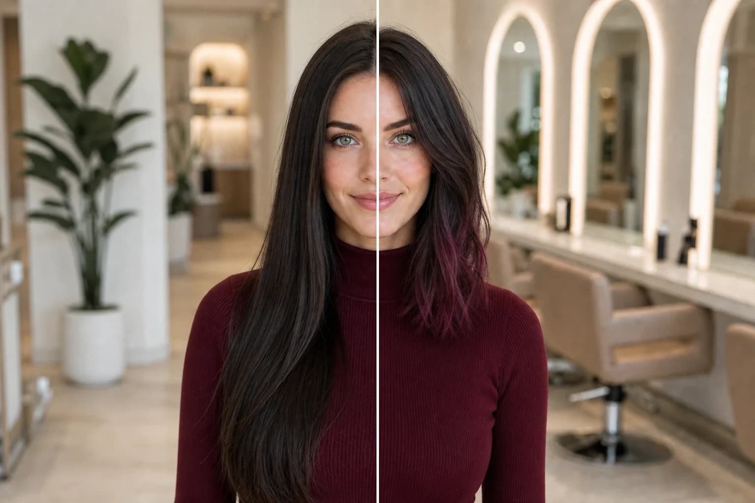 Before-and-after comparison of long dark hair and a shorter shag with berry-colored tips