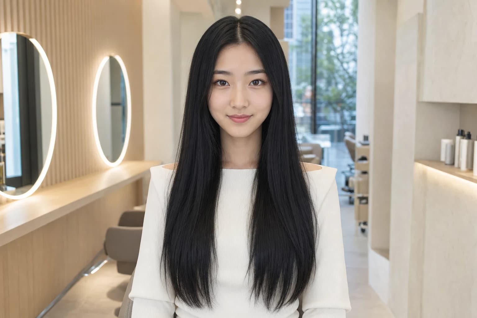 Young woman with very long jet-black hair before the haircut preview