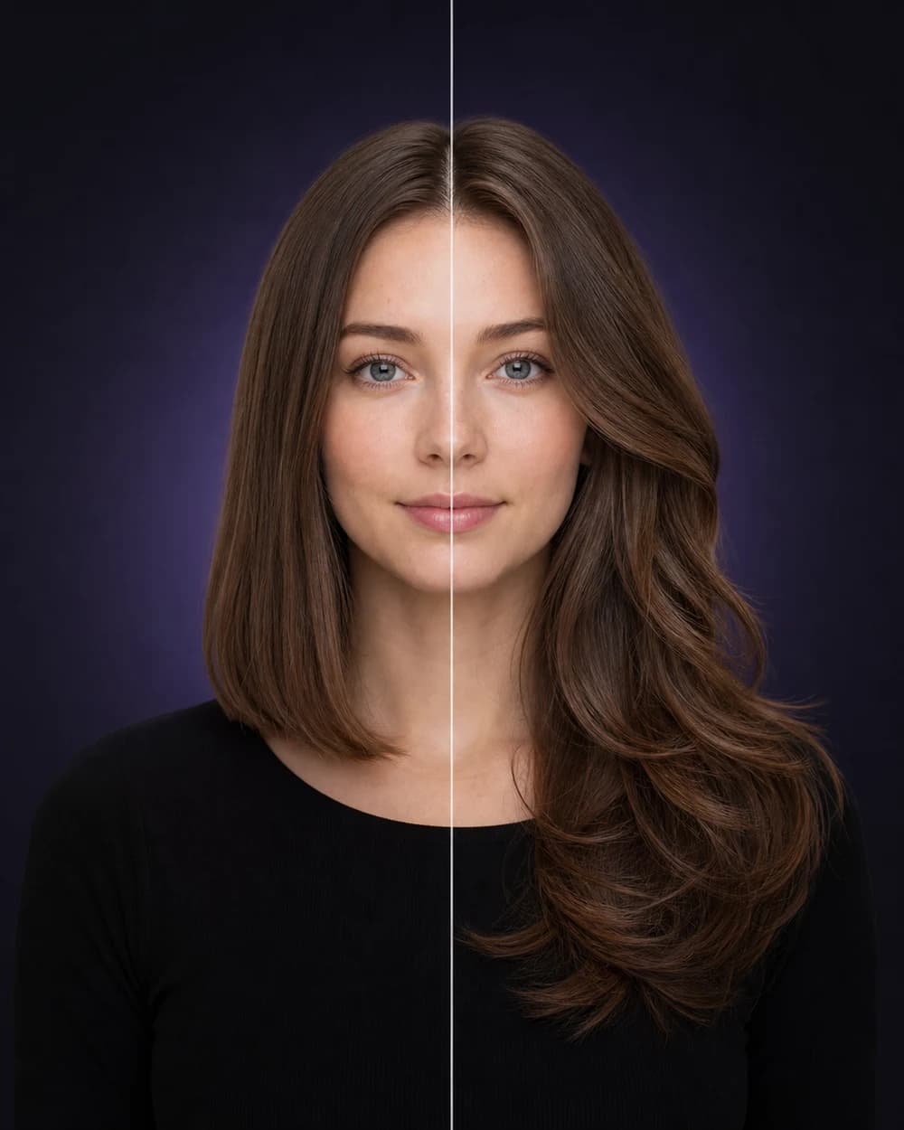 Split hairstyle preview on a white woman, comparing a sleek lob with long butterfly layers