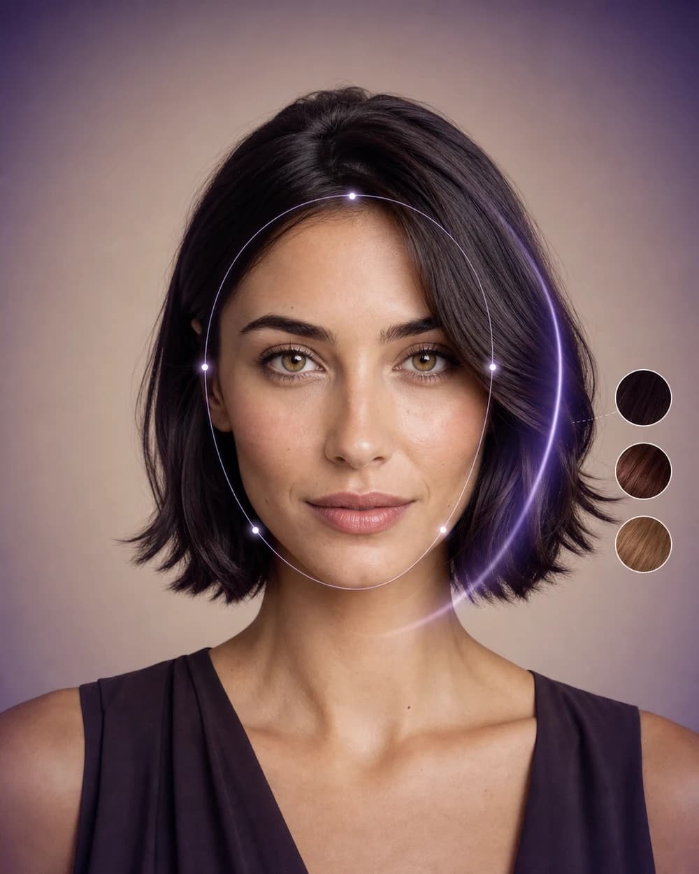 Donna con indicatori per l’analisi della forma del viso e campioni di colori per capelli