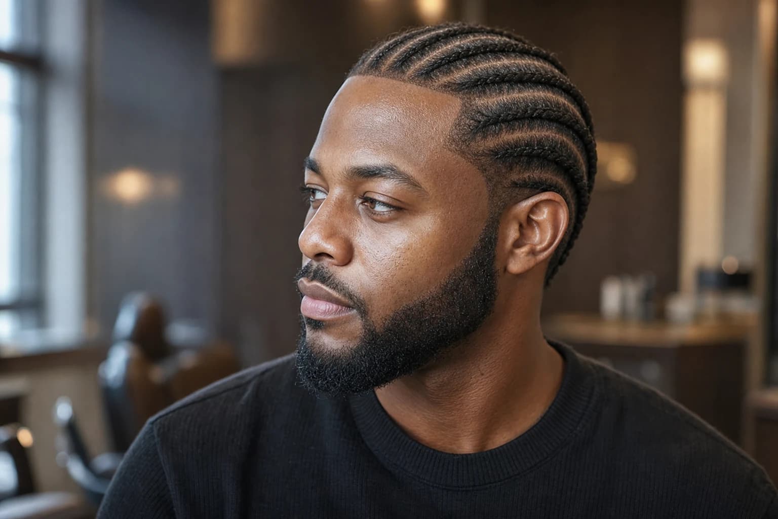 Black man with neat straight-back cornrows, clean part lines, and a shaped beard