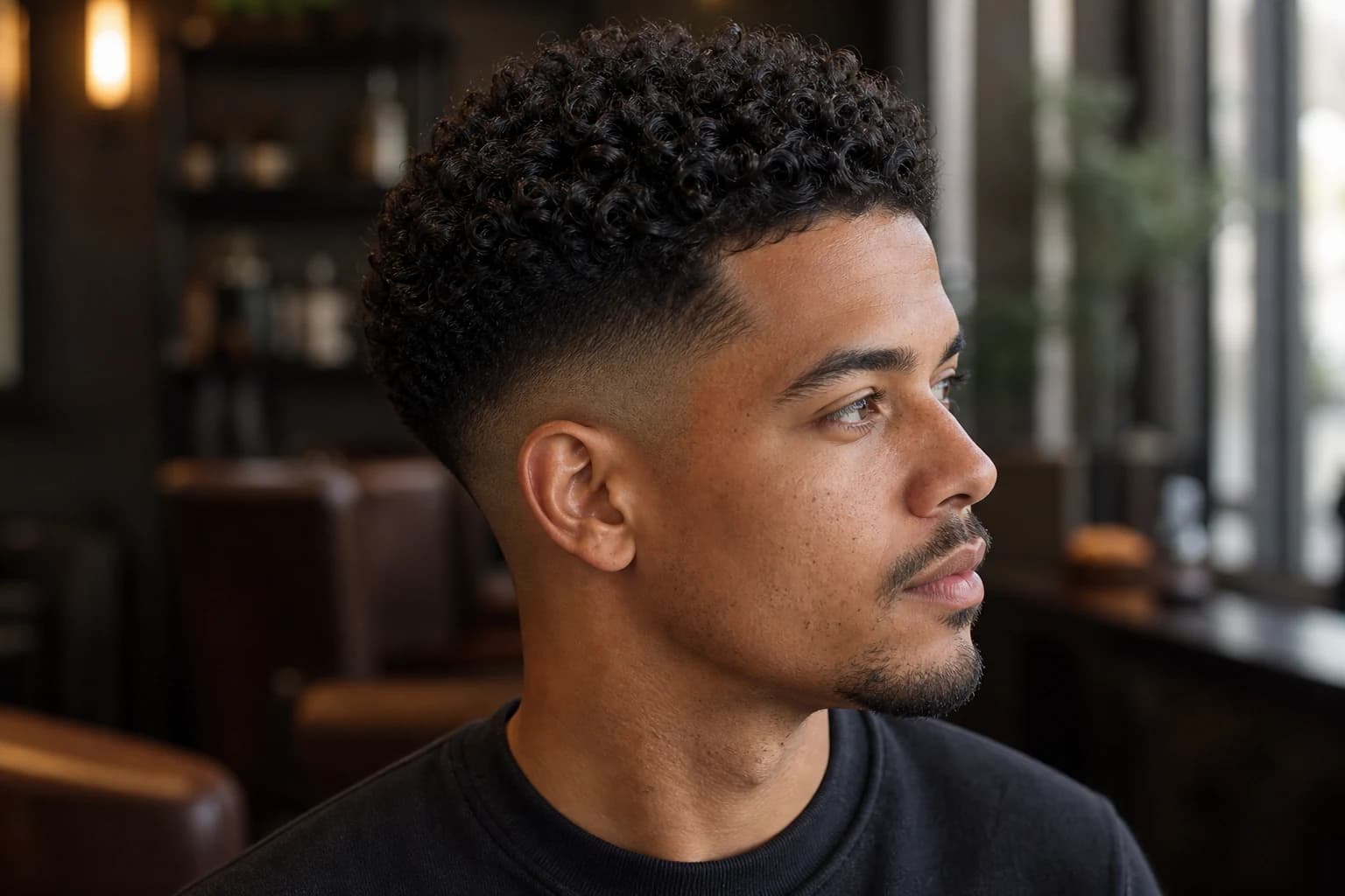 Man in a barbershop with defined natural curls and an expertly blended mid fade