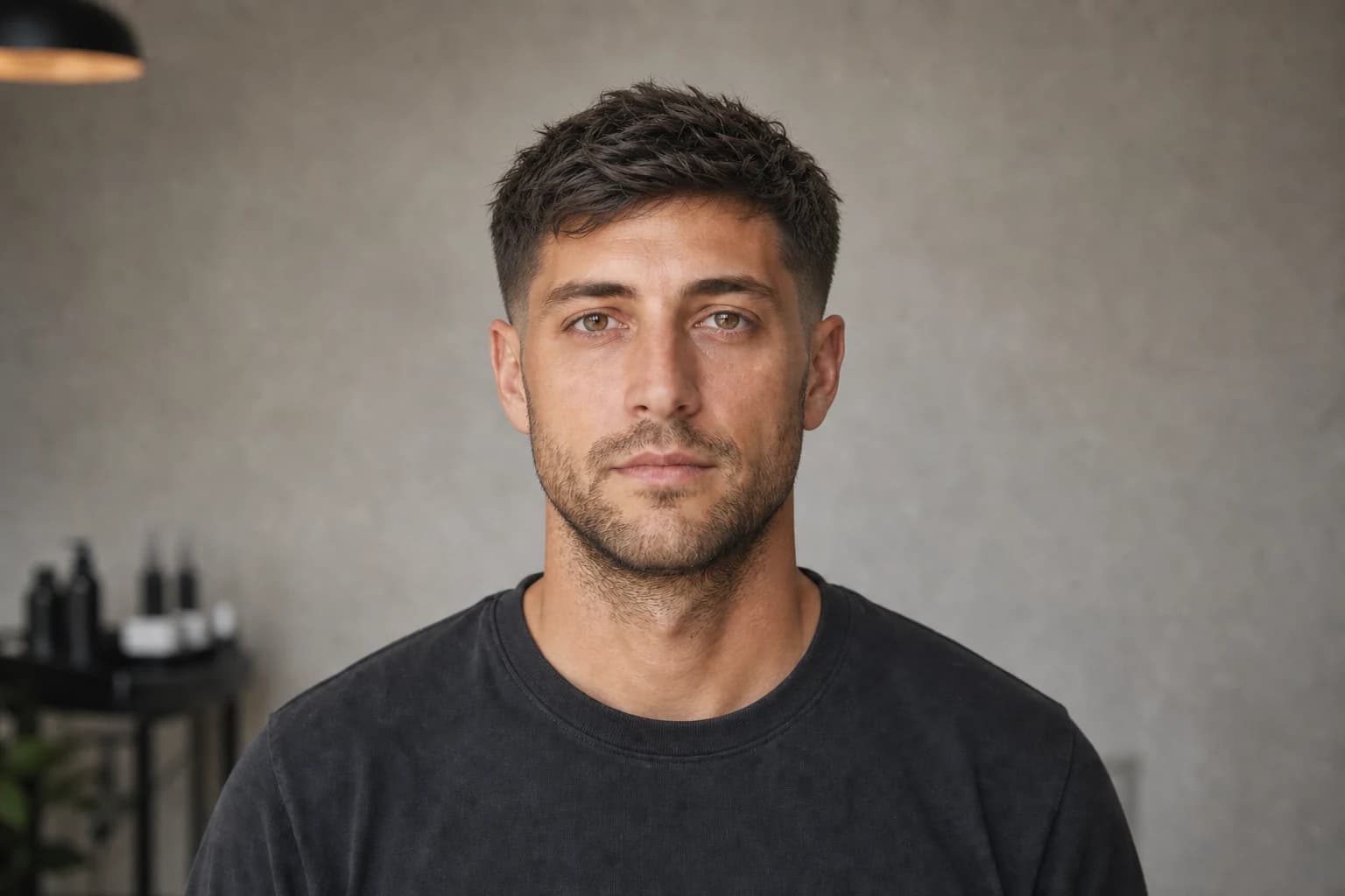The same man after a modern textured crop and low taper fade transformation