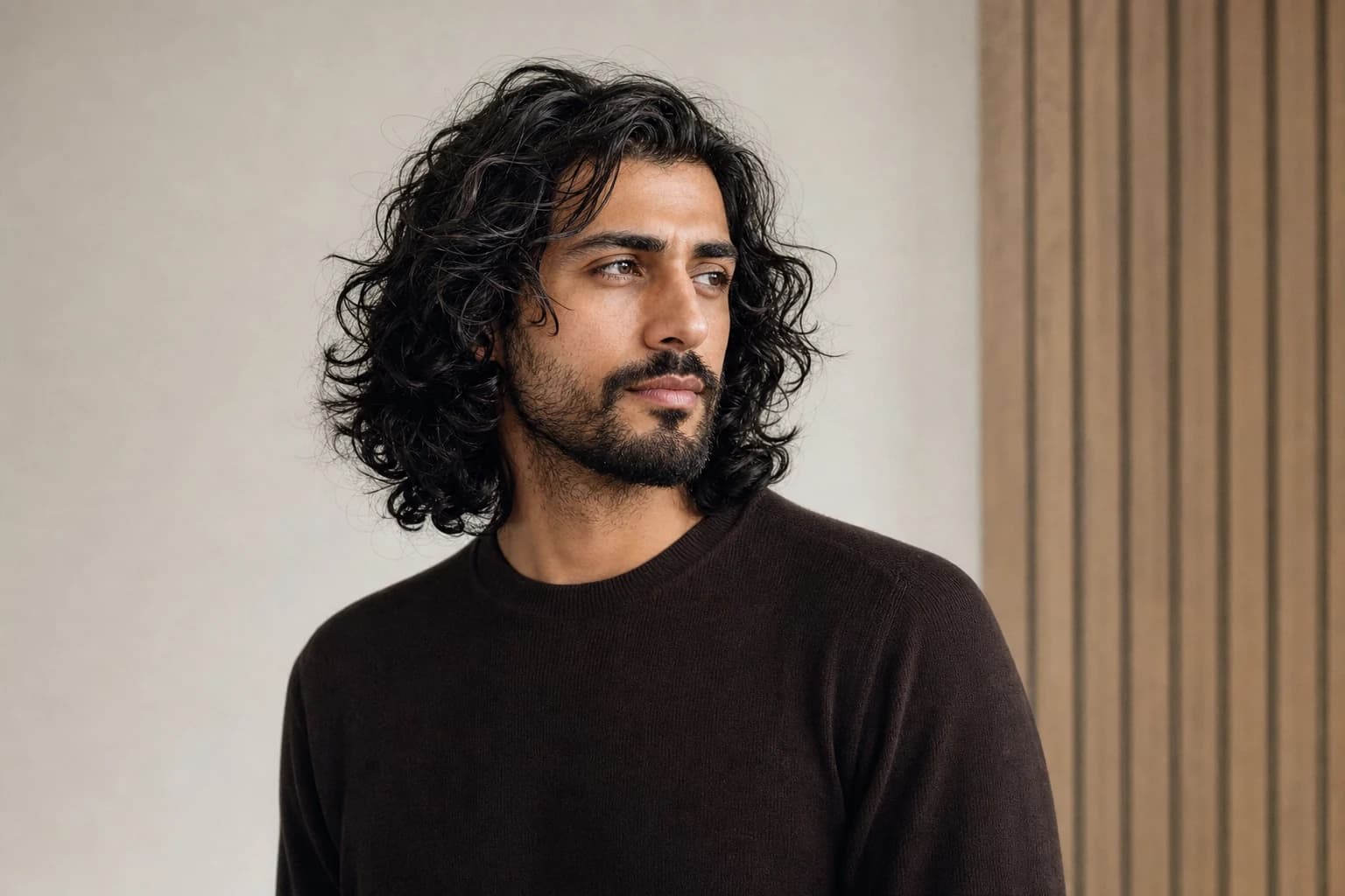 Middle Eastern man with healthy shoulder-length dark curls and soft layers