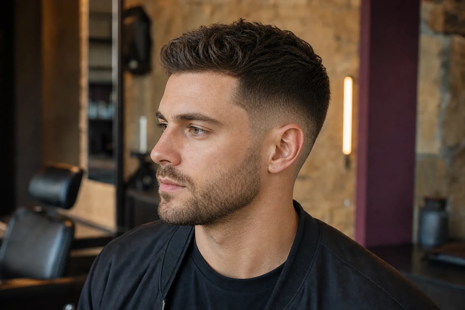 White man in a modern barbershop with textured dark hair and a precise low taper fade